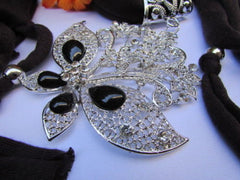 Women Soft Brown Scarf Necklace Wrap Silver Flowers Butterfly Pendant
