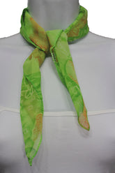 Women Chic Fashion Green Small Neck Scarf Fabric Square Print Orange Flowers