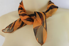 Women Mini Pocket Square Neck Tie Scarf Orange Black Zebra Animal Print Fabric