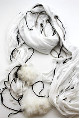 Women Fashion White Necklace Soft Scarf Silver Black Fringes Metal Furry Balls