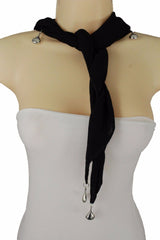 Fun Women Fashion Short Black Tie Necklace Soft Scarf Silver Drop Charms Pendant