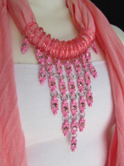 WOMEN L. PINK SOFT SCARF LONG NECKLACE TRIANGLE BIG RHINESTONES PENDANT