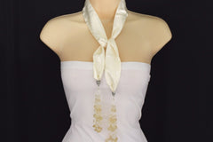 Women Chic Cream Off White Silk Thin Solid Scarf Fashion Wrap Long Fringe Beads