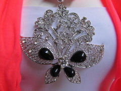 Women Bright Coral Chic Fashion Scarf Silver Flowers Butterfly Pendant