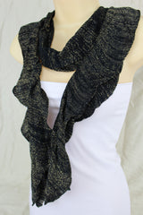 New Women Stylish Black Fabric Wrap Tie Fashion Scarf Gold Sparkling Shiny Long
