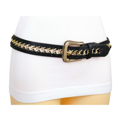 Women Black Waistband Hip High Waist Fashion Belt Gold Metal Chain Buckle S M