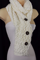 Women Long White Necklace Soft Scarf Fashion Winter Knit Soft Fabric 3 Buttons