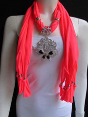 Women Bright Coral Chic Fashion Scarf Silver Flowers Butterfly Pendant