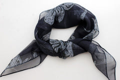 New Women Mini Sheer Pocket Square Scarf Neck Warmer Head Cover Navy Blue Floral
