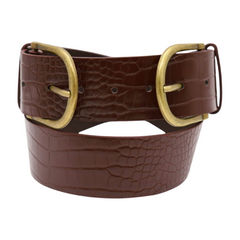 Women Brown Faux Leather Waistband Rodeo Belt Antique Gold Double Buckle Size M