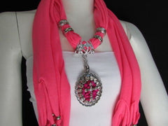 Women Super Fashion Long Pink Beads Scarf Warp Rhinestones Cross Pendant