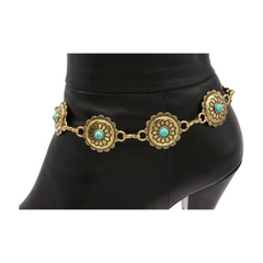 Cool Women Gold Metal Boot Chain Bracelet Shoe Charm Turquoise Blue Flower Anklet