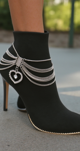 Elegant Silver Metal Chain Boot Bracelet Shoe Anklet Bling Heart Charm SET 2PCS