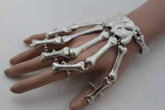 Sexy Women Silver One Size Bracelet Metal Hand Chain Ring Skeleton Bones Skull Biker Accessory