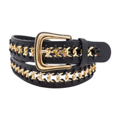 Women Black Waistband Hip High Waist Fashion Belt Gold Metal Chain Buckle S M