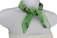 Chic Fancy Sheer Square Bright Green With Black Print Scarf Fabric Pocket