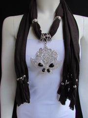 Women Soft Brown Scarf Necklace Wrap Silver Flowers Butterfly Pendant