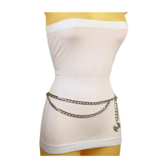 Women Silver Metal Chain Link Trendy Look Belt Medallion Coin Charm Size XS S M