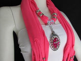 Women Super Fashion Long Pink Beads Scarf Warp Rhinestones Cross Pendant