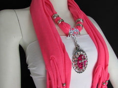Women Super Fashion Long Pink Beads Scarf Warp Rhinestones Cross Pendant