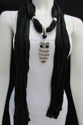 Women Black Scarf Fashionable Necklace Super Soft Fabric Owl Pendant Charm