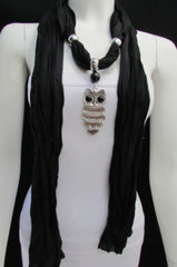 Women Black Scarf Fashionable Necklace Super Soft Fabric Owl Pendant Charm