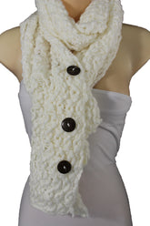 Women Long White Necklace Soft Scarf Fashion Winter Knit Soft Fabric 3 Buttons