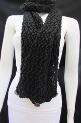 Women Scarf Fashionable Soft Fabric Winter Black Wide Shawl 3 Brown Wood Buttons