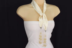 Women Chic Cream Off White Silk Thin Solid Scarf Fashion Wrap Long Fringe Beads