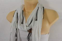Women Fashion White Necklace Soft Scarf Silver Black Fringes Metal Furry Balls