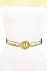 Women Black Elastic Street Hood Look Belt Gold Metal Chain Fashion Charm Fit S M
