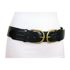 Women Black Faux Leather Waistband Waist Hip Belt Antique Gold Double Buckle S M