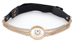 Women Black Elastic Street Hood Look Belt Gold Metal Chain Fashion Charm Fit S M