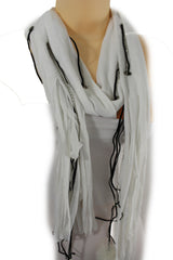 Women Fashion White Necklace Soft Scarf Silver Black Fringes Metal Furry Balls