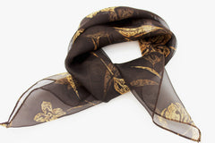 Women's Dark Brown Small Neck Tie Soft Scarf With White Flower Pocket Square