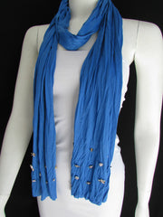Women Chic Soft Fabric Fashion Blue Scarf Long Necklace Silver Metal Stars Studs