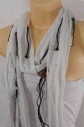 Women Fashion White Necklace Soft Scarf Silver Black Fringes Metal Furry Balls
