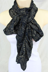 New Women Stylish Black Fabric Wrap Tie Fashion Scarf Gold Sparkling Shiny Long