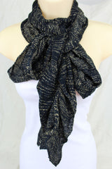 New Women Stylish Black Fabric Wrap Tie Fashion Scarf Gold Sparkling Shiny Long