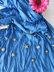Women Chic Soft Fabric Fashion Blue Scarf Long Necklace Silver Metal Stars Studs