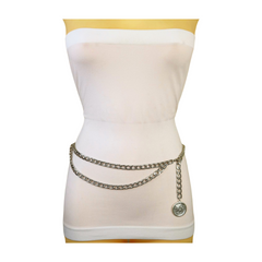 Women Silver Metal Chain Link Belt Hip High Waist Medallion Coin Charm M L XL