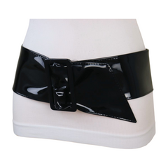 Women Black Faux Patent Leather Shiny Wide Hip Waist Belt Bold Square Buckle S M