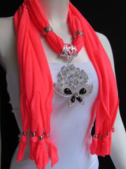 Women Bright Coral Chic Fashion Scarf Silver Flowers Butterfly Pendant