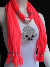Women Bright Coral Chic Fashion Scarf Silver Flowers Butterfly Pendant