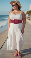 Women Fashion Elastic Hip Waisted Belt Pink Stretch Waistband Square Buckle M L