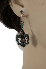 Women Earring Fashion Jewelry Silver Metal Fleur De Lis Flower Turquoise Blue