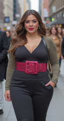 Women Fashion Elastic Hip Waisted Belt Pink Stretch Waistband Square Buckle M L