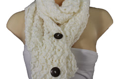 Women Long White Necklace Soft Scarf Fashion Winter Knit Soft Fabric 3 Buttons