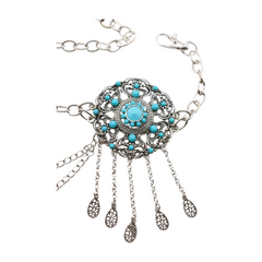 Women Silver Metal Chain Bohemian Belt Turquoise Blue Beads Flower Charm M L XL
