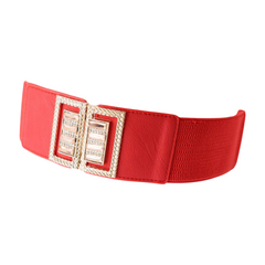 Women Real Red Color Elastic Wide Fashion Belt Bling Metal Square Buckle Fit S M